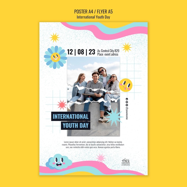 Modello di poster verticale per la celebrazione della giornata internazionale della gioventù