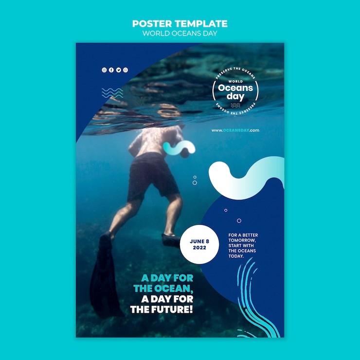 PSD gratuito modello di poster verticale per la giornata mondiale degli oceani con immersioni subacquee