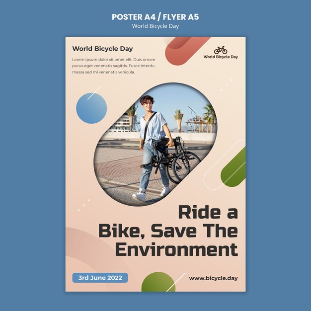 Modello di poster verticale per la giornata mondiale della bicicletta con persona che usa la bici