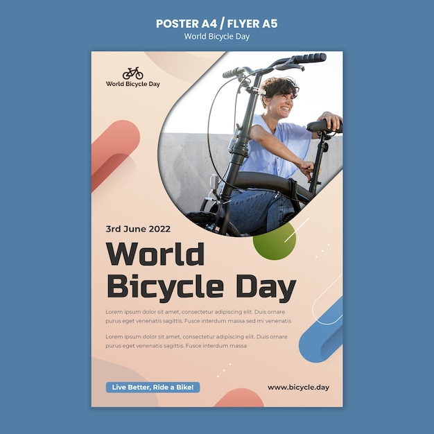 Modello di poster verticale per la giornata mondiale della bicicletta con persona che usa la bici