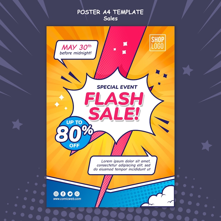 PSD gratuito modello di poster verticale per le vendite in stile fumetto