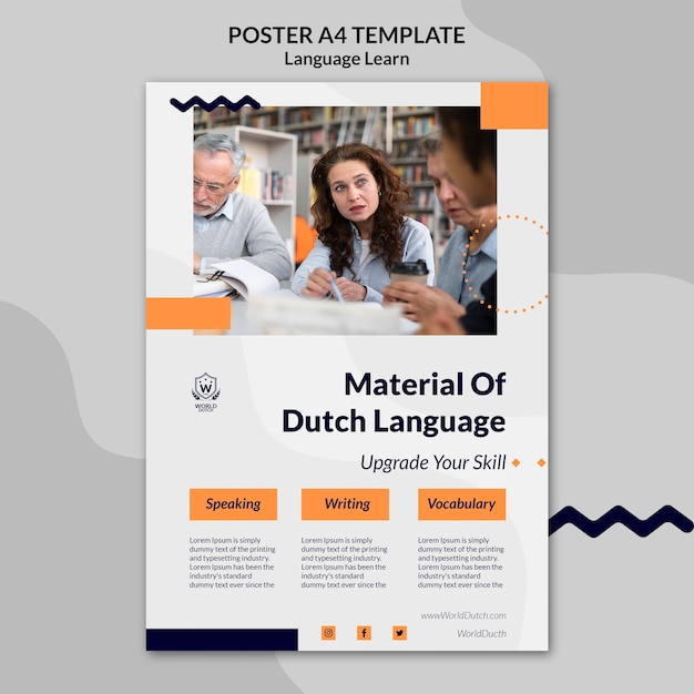 Modello di poster verticale per lezioni di apprendimento della lingua olandese con design a punti