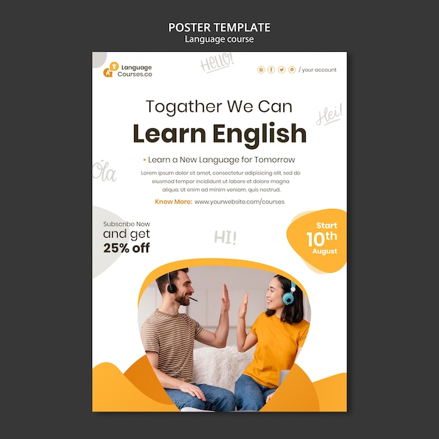Modello di poster verticale per lezioni di lingua inglese con effetto liquido