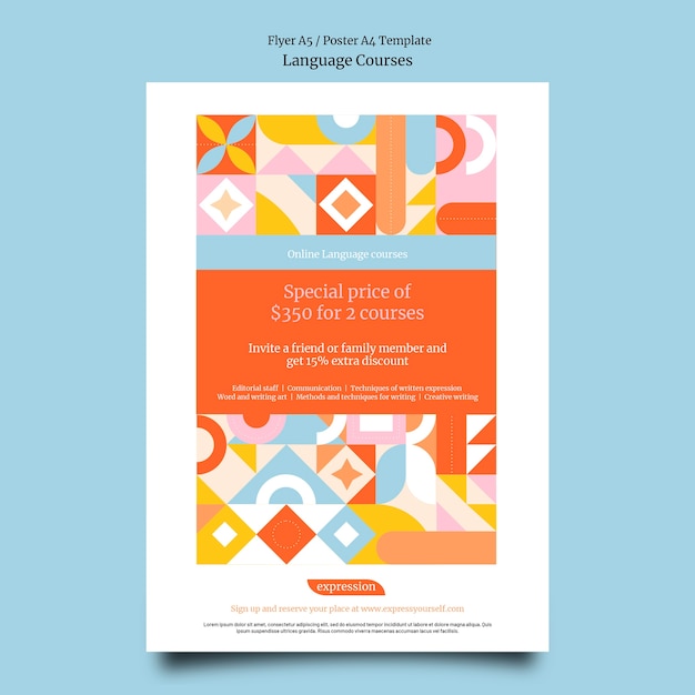 Modello di poster verticale per lezioni di lingua straniera con forme geometriche