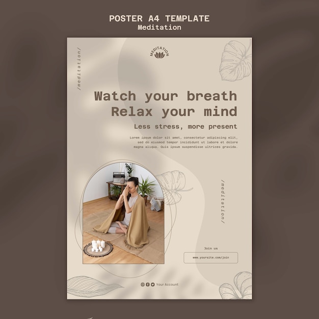 Modello di poster verticale per meditazione yoga con design a foglie