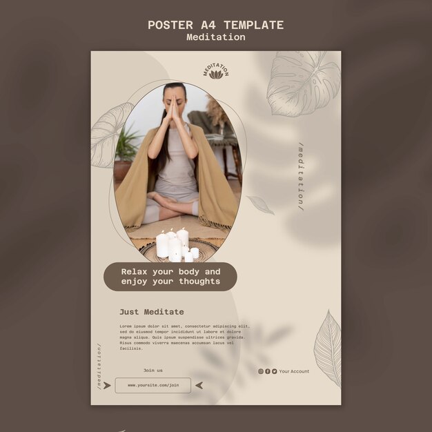 Modello di poster verticale per meditazione yoga con design a foglie