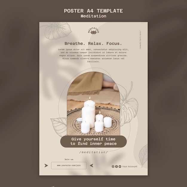Modello di poster verticale per meditazione yoga con design a foglie