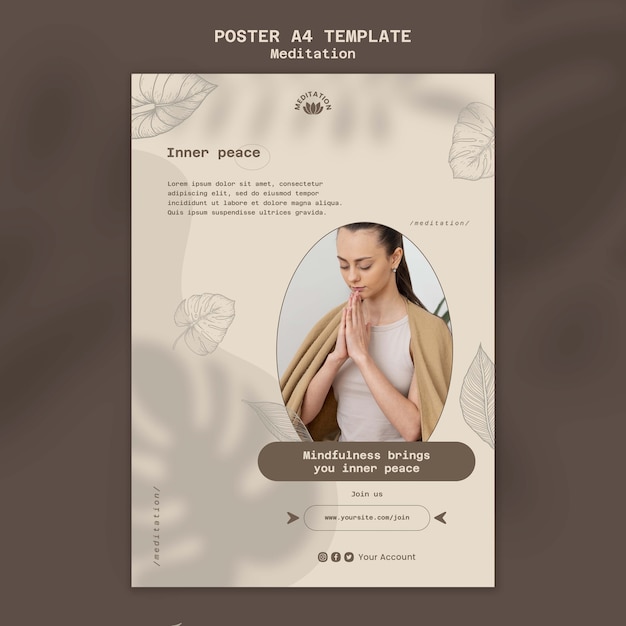 Modello di poster verticale per meditazione yoga con design a foglie