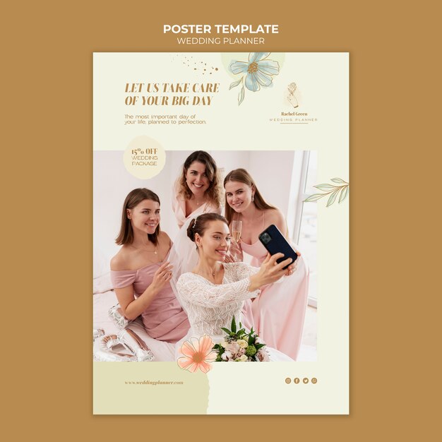 modello di poster verticale per pianificatori di matrimoni con disegno floreale ad acquerello