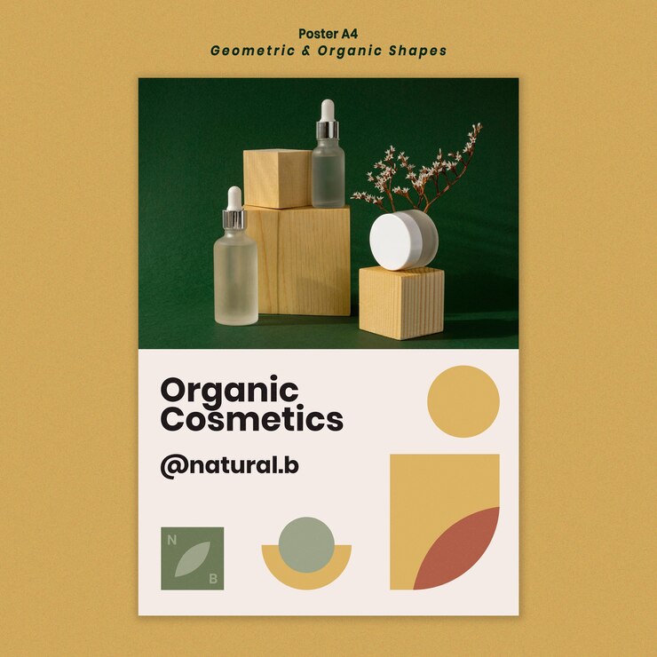 PSD gratuito modello di poster verticale per podio bottiglia di olio essenziale con forme geometriche
