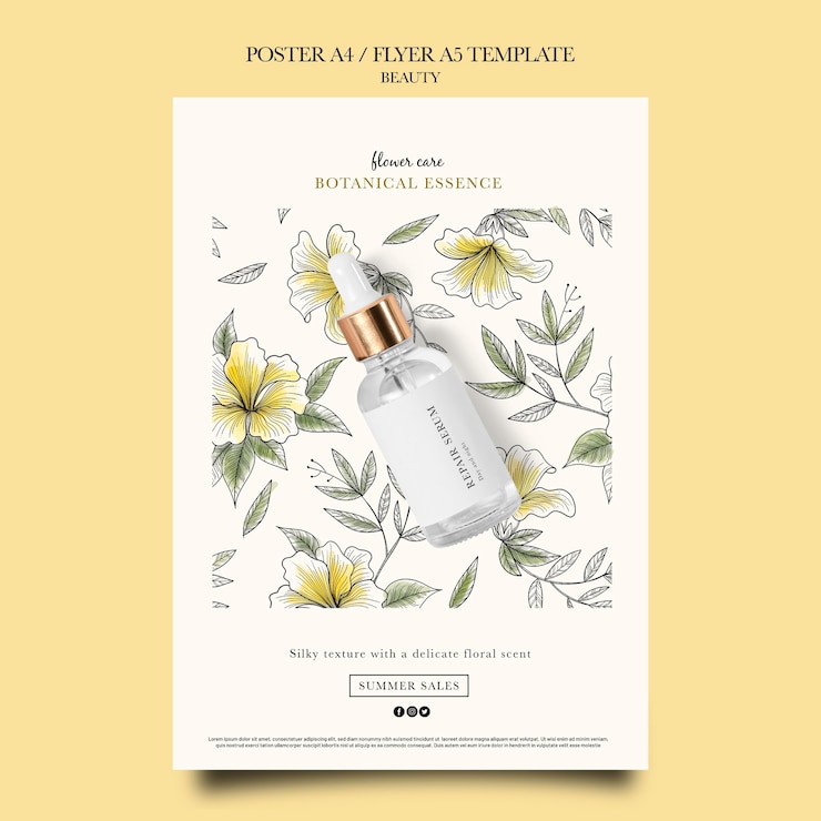PSD gratuito modello di poster verticale per prodotti di bellezza con fiori disegnati a mano