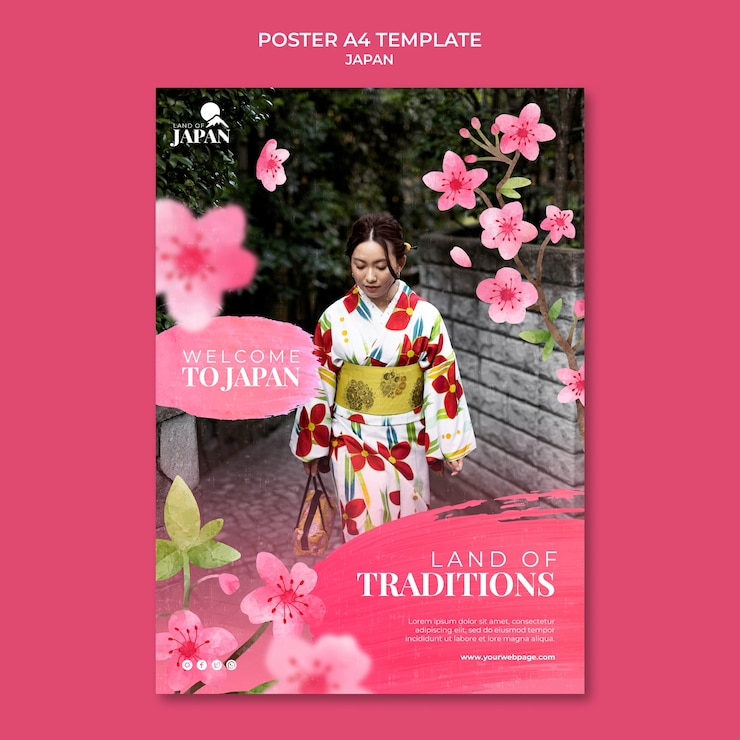 PSD gratuito modello di poster verticale per viaggiare in giappone con donna e fiori di ciliegio