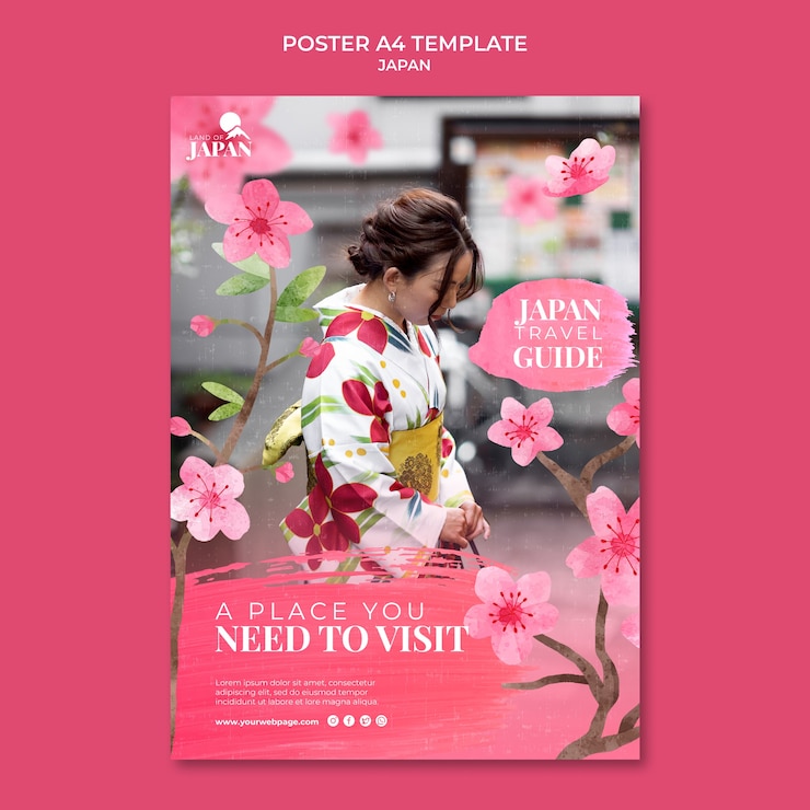 PSD gratuito modello di poster verticale per viaggiare in giappone con donna e fiori di ciliegio