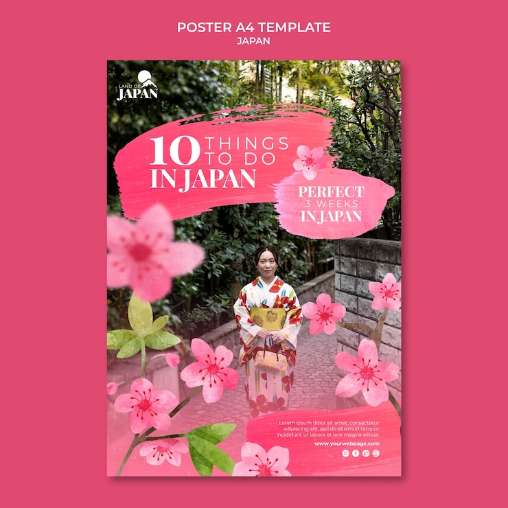 PSD gratuito modello di poster verticale per viaggiare in giappone con donna e fiori di ciliegio