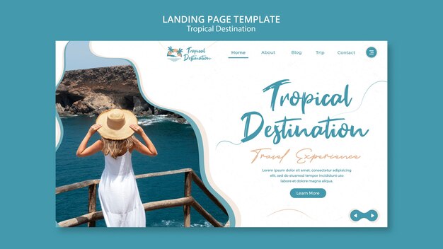 Modello di progettazione della pagina di destinazione della destinazione tropicale di design piatto