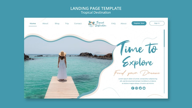 Modello di progettazione della pagina di destinazione della destinazione tropicale di design piatto