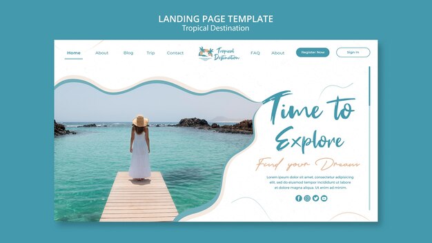Modello di progettazione della pagina di destinazione della destinazione tropicale di design piatto