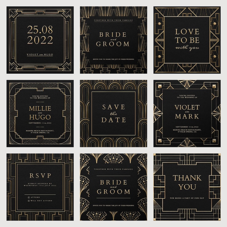 PSD gratuito modello di set di invito a nozze psd con motivo art deco per post sui social media