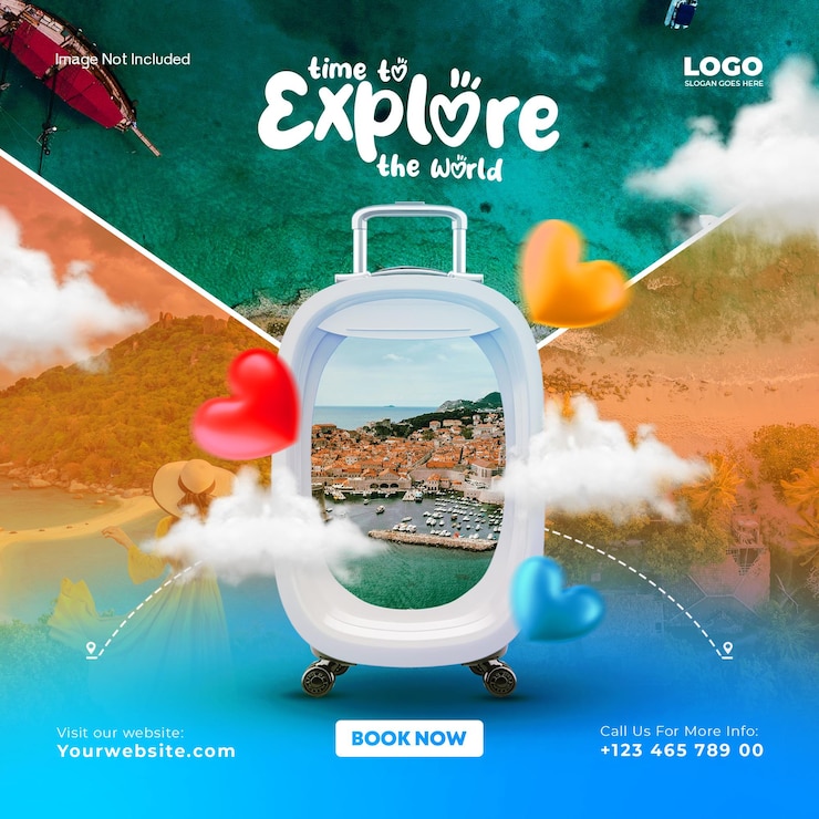 PSD gratuito modello di social media per viaggi e turismo con cornice fotografica
