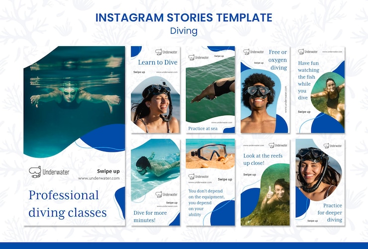 PSD gratuito modello di storie instagram di concetto di immersione subacquea