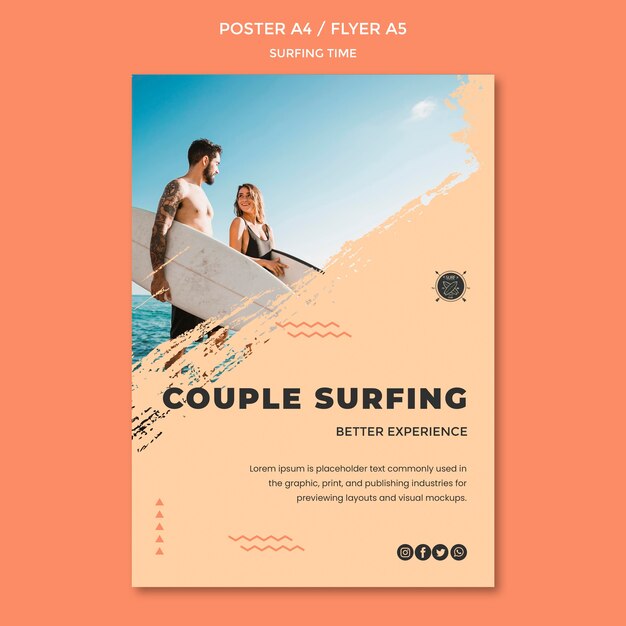 Modello di volantino concetto di surf