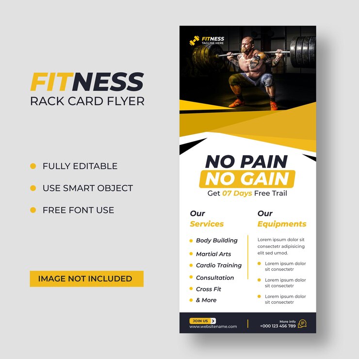 PSD gratuito modello di volantino fitness rack card dl