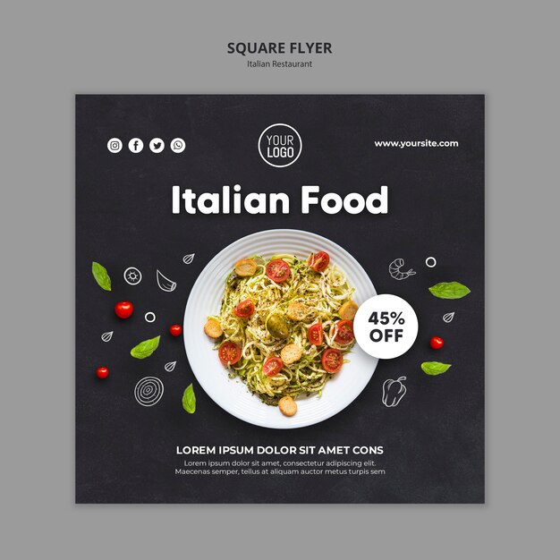 Modello di volantino quadrato annuncio ristorante italiano