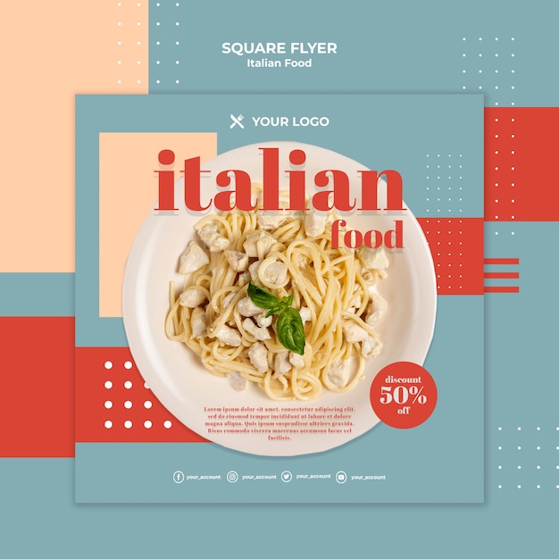 Modello di volantino quadrato di cibo italiano