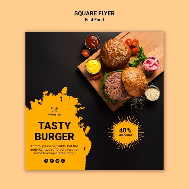 Modello di volantino quadrato gustoso hamburger