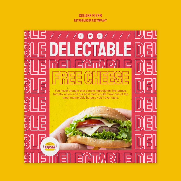 PSD gratuito modello di volantino quadrato ristorante retrò hamburger