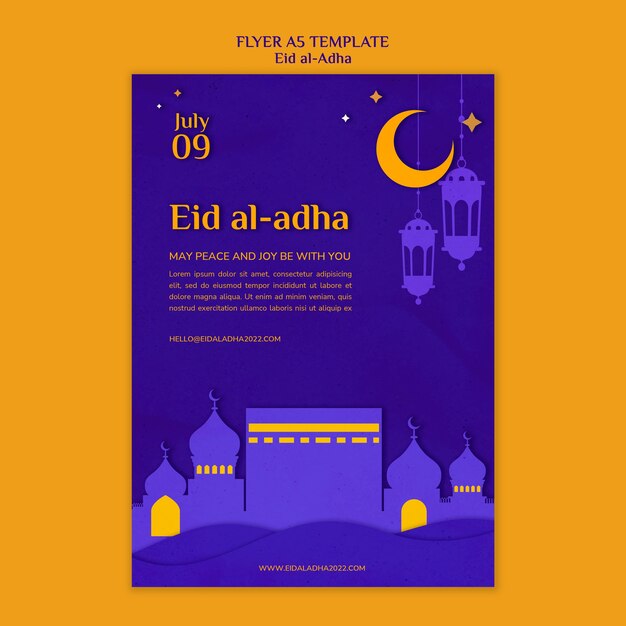 Modello di volantino verticale Eid al-adha con luna crescente e città