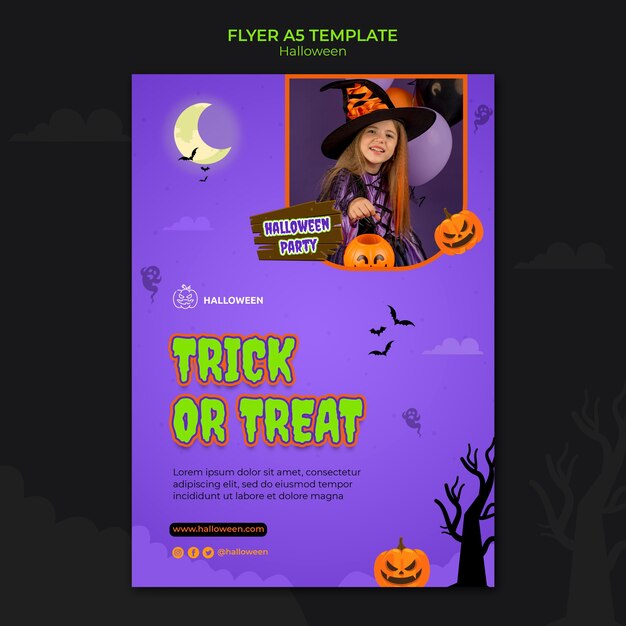 Modello di volantino verticale per halloween con bambino in costume