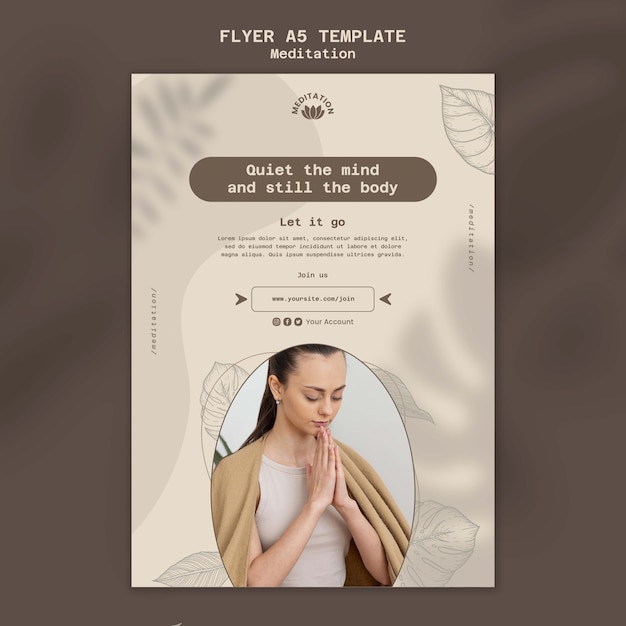 Modello di volantino verticale per meditazione yoga con design a foglie
