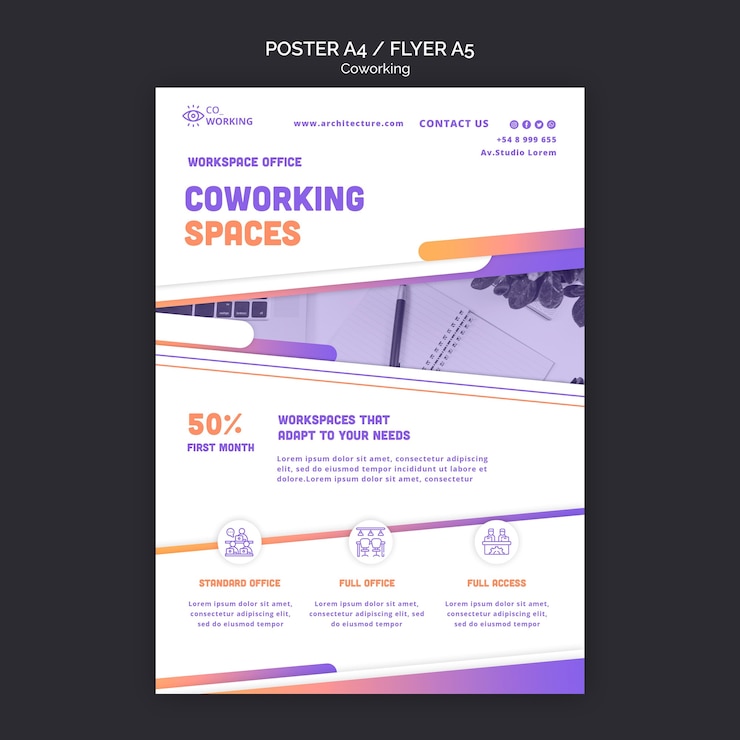 PSD gratuito modello di volantino verticale per spazio di coworking