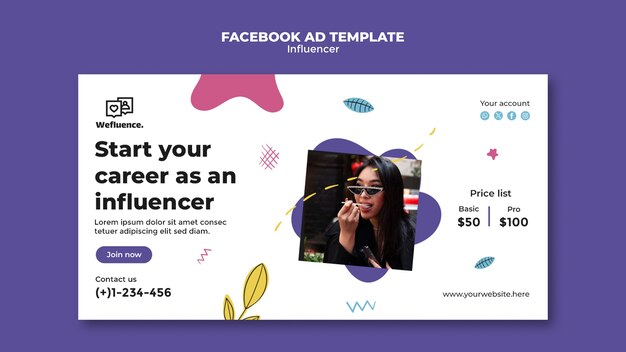 Modello facebook di lavoro influencer design piatto