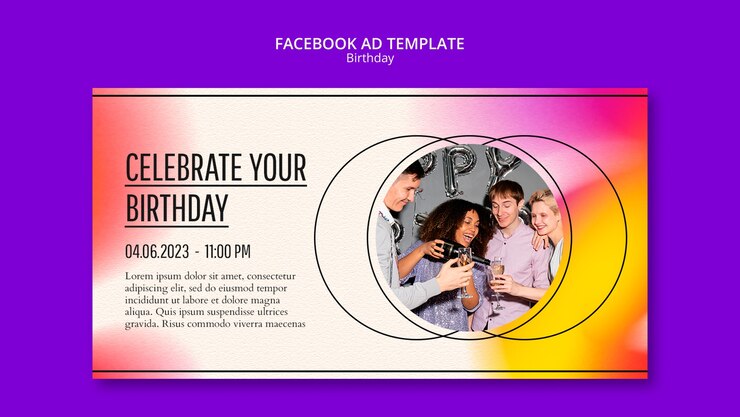 PSD gratuito modello facebook per la celebrazione del compleanno sfumato