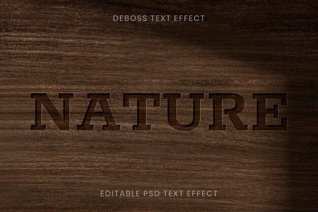 Modello modificabile psd effetto testo inciso su sfondo di legno