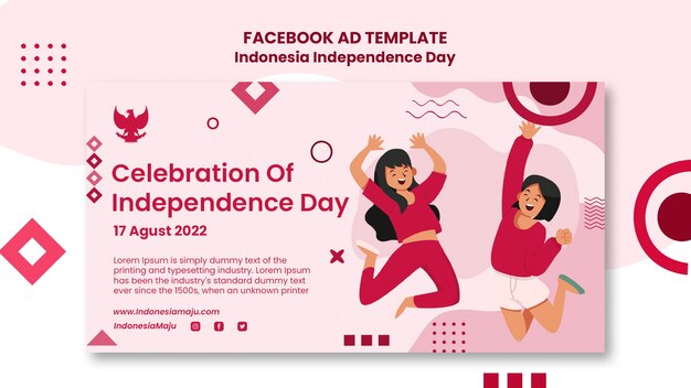 Modello promozionale di social media per il giorno dell'indipendenza dell'Indonesia con persone che saltano e forme geometriche
