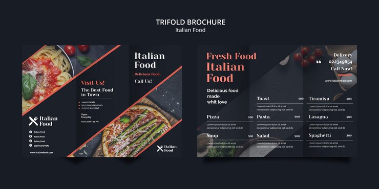 PSD gratuito modello ripiegabile dell'opuscolo di concetto italiano dell'alimento