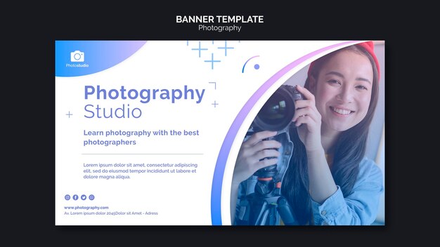 Modello web dell'insegna delle classi di fotografia della donna di smiley