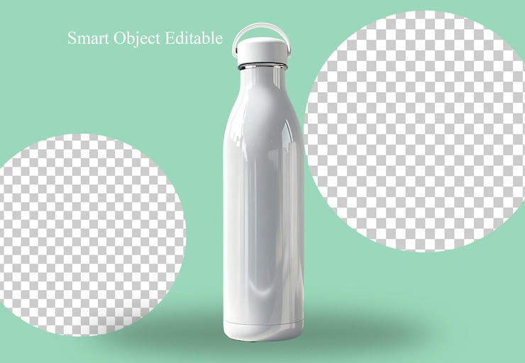 Modelo de botella de agua reutilizable blanca sobre un fondo verde menta