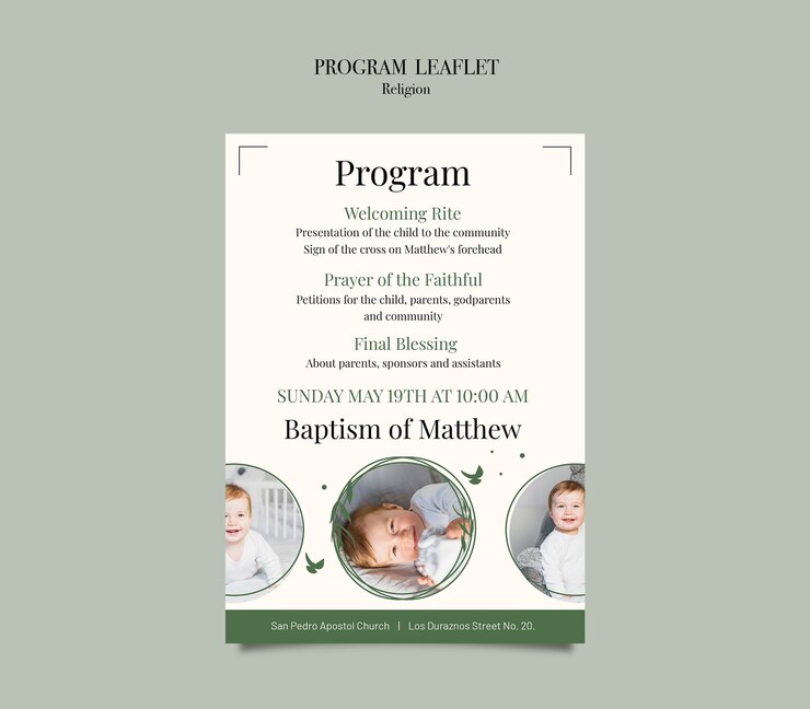 PSD gratuito modelo de folleto para el programa de bautismo