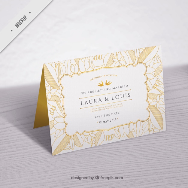 PSD gratuito modelo de invitación de boda con hojas doradas dibujadas a mano