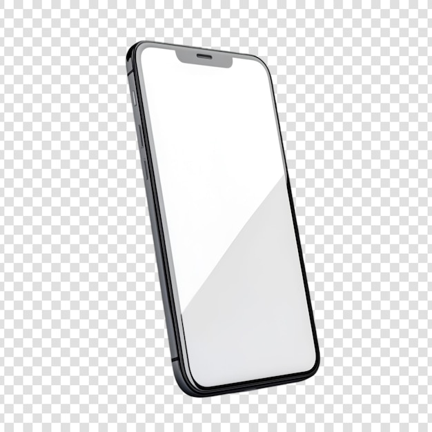 Modelo moderno de teléfono inteligente negro con pantalla en blanco sobre un fondo transparente