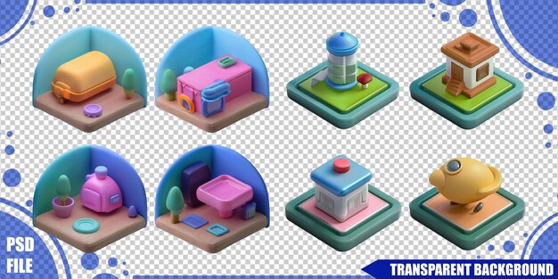 Modelos 3D coloridos de edificios y objetos estilizados