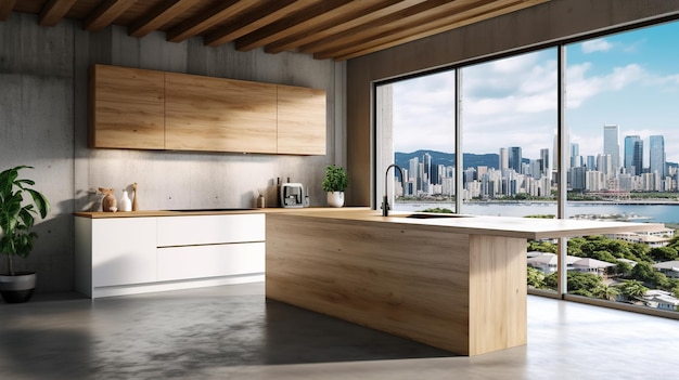 Gratis PSD modern keukeninterieur van hout en beton generatieve ai