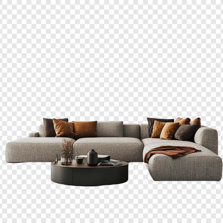 PSD Gratis modern sectional sofa with coffee table and throw blanket in a neutral color palette