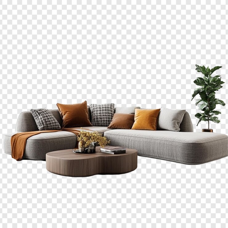 PSD Gratis modern sectional sofa with wooden coffee table and plant
