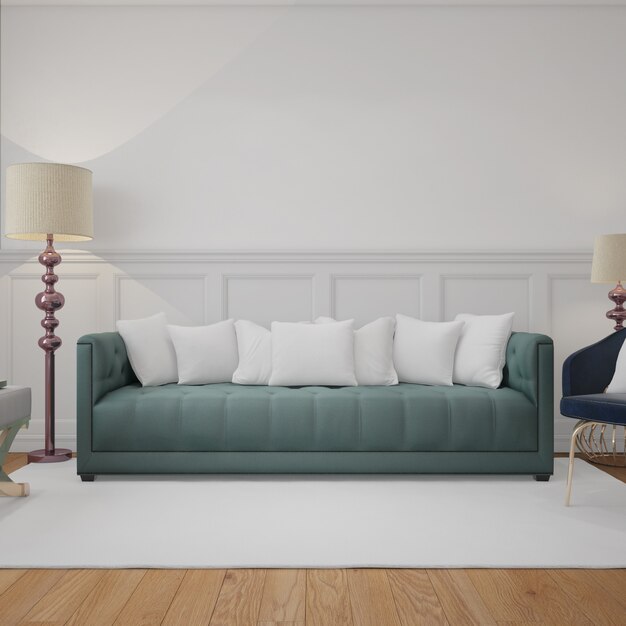 moderna sala de estar con sofá y cojines de maquetas