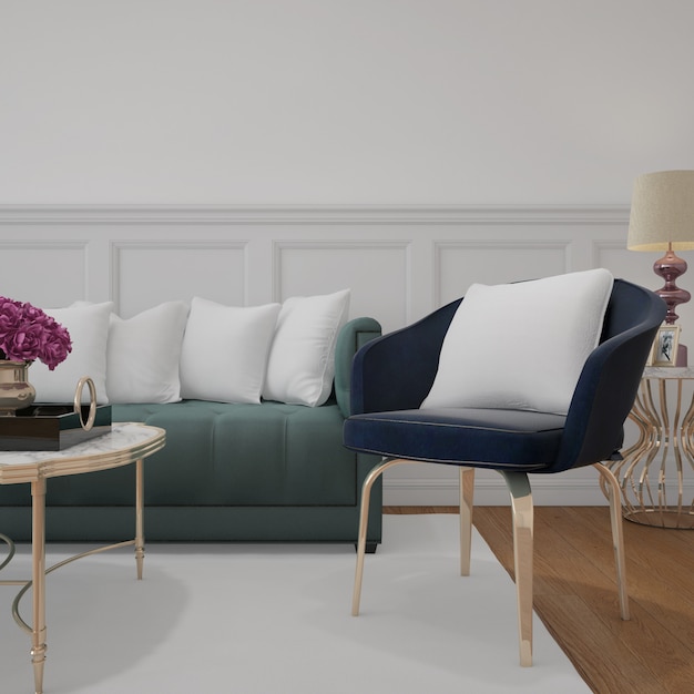 moderna sala de estar con sofá y cojines de maquetas